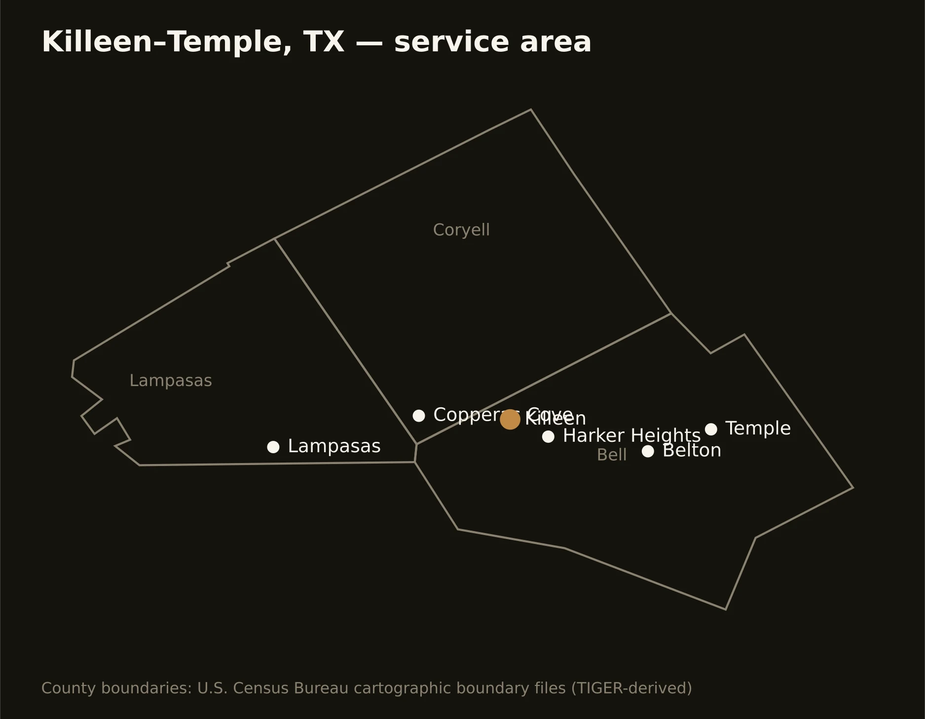 Killeen–Temple, TX directional drilling service area map — component counties and cities served